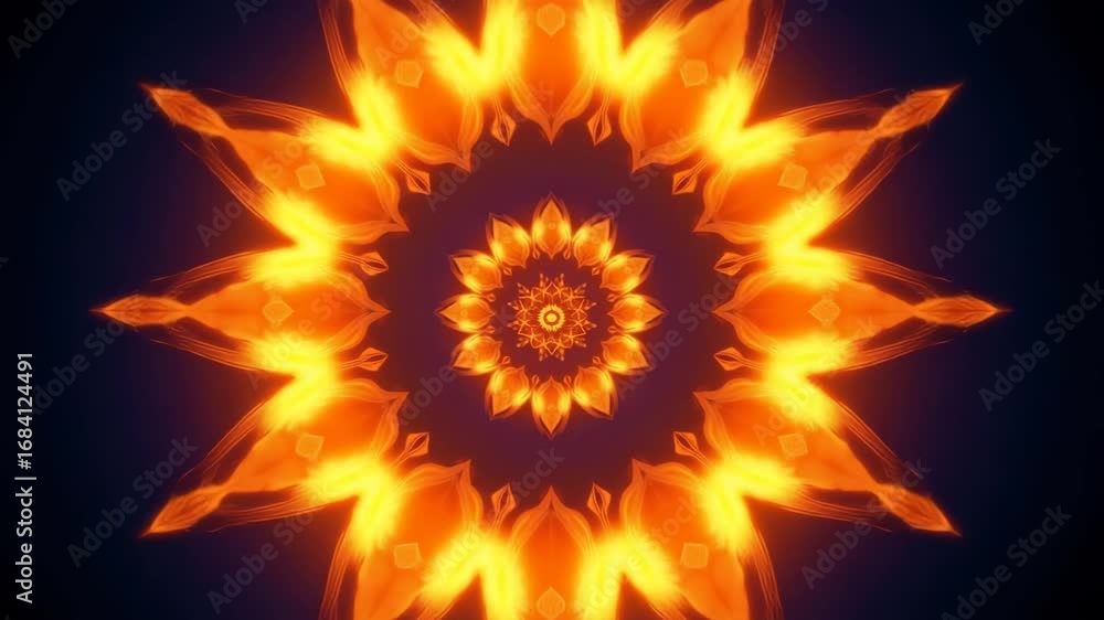 Poster abstract flame design: an intricate, symmetrical design composed of swirling flames, radiating outwa