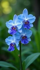 Delicate blue bearded orchids blooming in a lush garden , greenery, blue