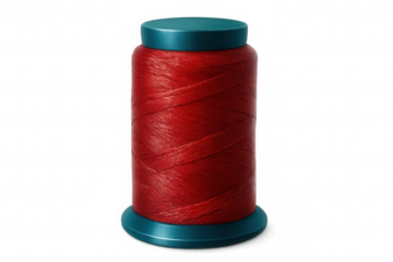 Red sewing thread spool with teal plastic cap isolated on transparent background, ready for textile projects