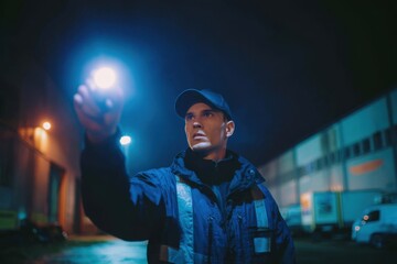 Security guard using flashlight during night shift in industrial area