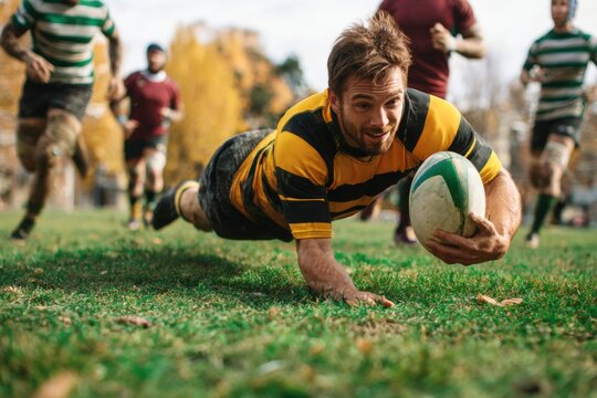 Rugby Player Diving for Ball in Action on Grass Field at Autumn