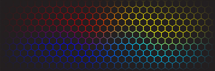 Modern high resolution cmyk geometric header with polygonal grid. Abstract colorful metallic hexagonal pattern. Simple vector banner