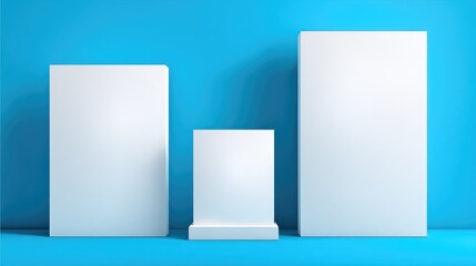 Three blank white rectangular displays against a vibrant blue backdrop