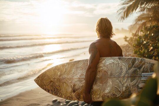 Surfer at Sunset Holding Surfboard on Beach with Waves and Palms
