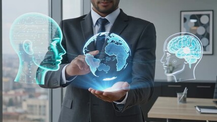 Businessman holding holographic globe with digital human heads and brain interface in modern office. Artificial intelligence, global communication, and futuristic data management concept. Design for b - Powered by Adobe