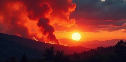 Fiery sunset illuminates raging wildfire, smoke billows , landscape, dry, sky