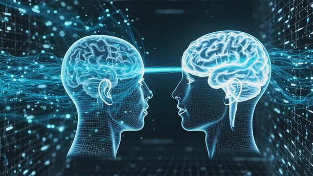 Two human heads with glowing brain structures connected by data stream in digital space. Neural communication, brain interface, and artificial intelligence network concept. Design for banner, poster, 