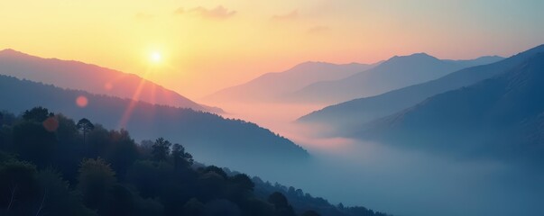 Golden hour light bathes ethereal blue mountains, soft mist swirls , beauty, painting, atmosphere