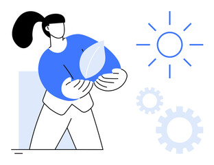 Woman holding leaf, sun rays and gears symbolizing sustainability, renewable energy, and innovation. Ideal for environmental awareness, green energy, teamwork, renewable resources, eco-innovation