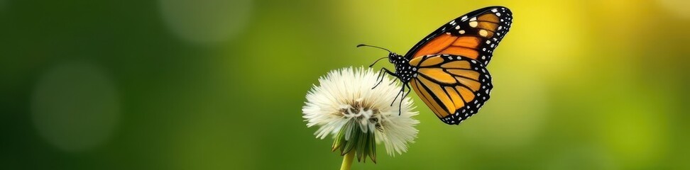 Fototapeta premium A monarch butterfly rests on a fluffy dandelion seed head , flower, monarch
