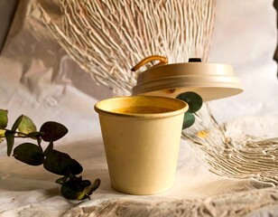 Disposable coffee cup on textured backdrop