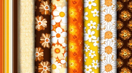 Seven vertical panels of retro fabric designs featuring repeating daisy flower patterns in warm colors