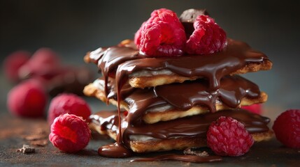 Stack of sweet treats with chocolate and raspberries