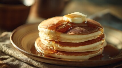 Stack of pancakes with butter and syrup
