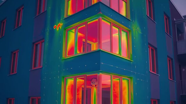 Highresolution infrared footage of residential complex fa&ccedil;ade capturing heat signatures and insulation gaps for retrofit decisions.