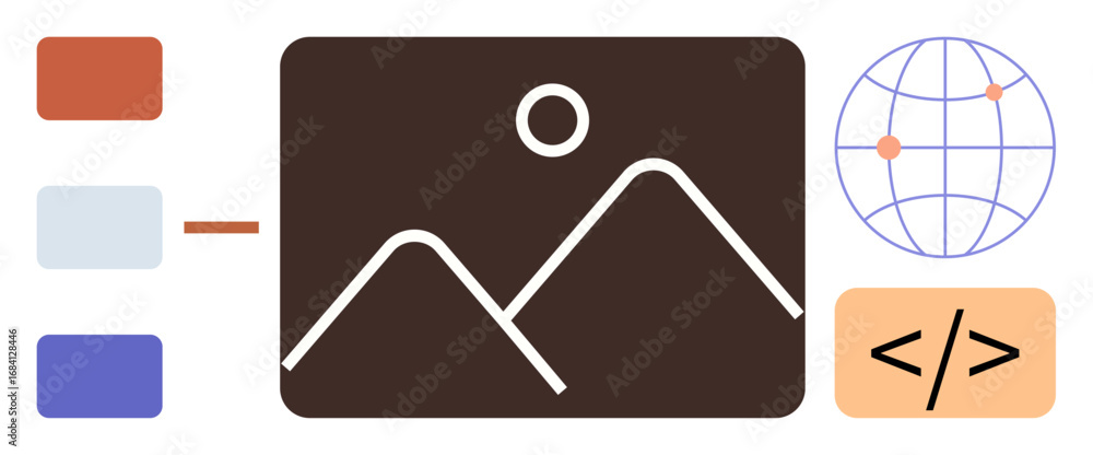 Aufkleber image preview with mountains and sun, color palette choices, coding snippet, and globe representatio