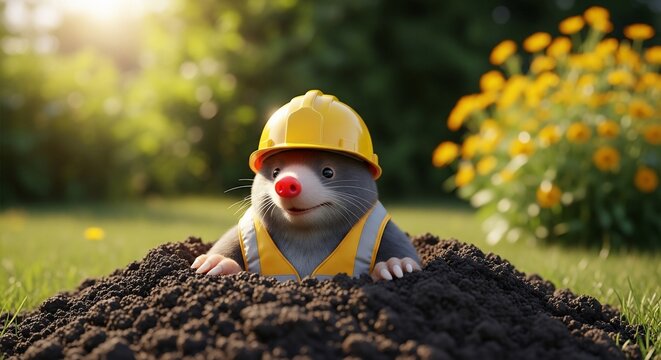 Cute mole construction worker digging in dirt wearing hard hat and safety vest in garden setting photo - Powered by Adobe