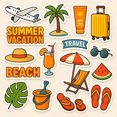 Summer Vacation Stickers Set &ndash; Tropical Holiday and Beach Travel Collection with Plane, Luggage, Sunscreen, and Other Travel Elements Vector Illustration