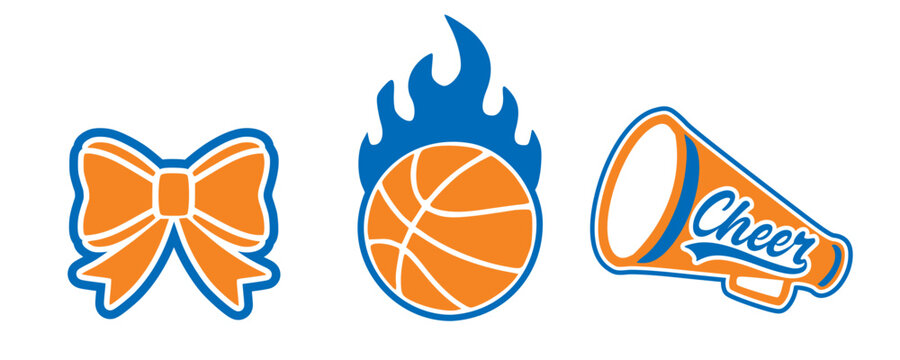 Basketball Cheerleading illustration. Orange and Blue Cheerleader Megaphone and Bow and Basketball.