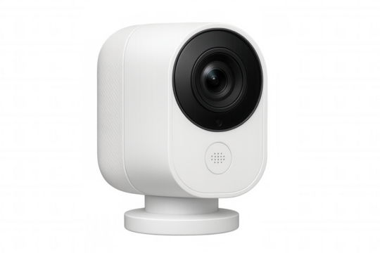 Modern white security camera offering surveillance capabilities, isolated on a transparent background, ensuring safety and privacy protection