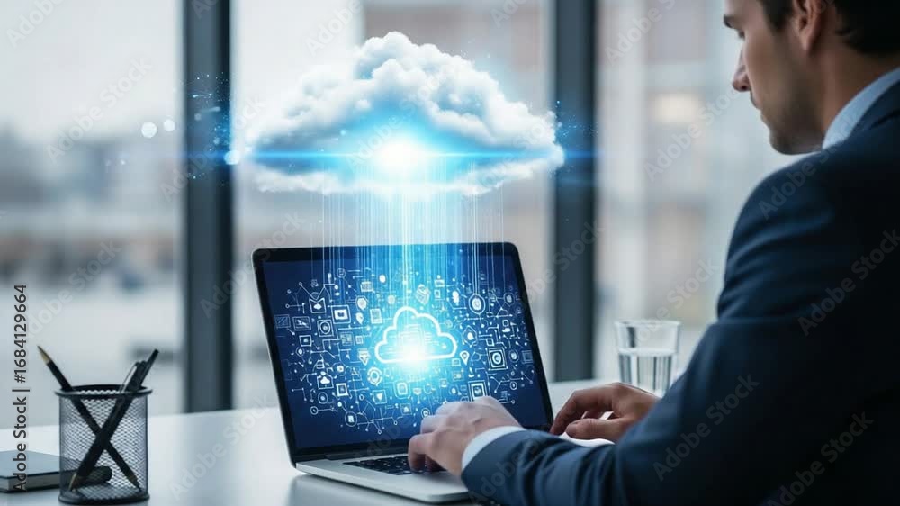 Aufkleber man typing on laptop with cloud computing graphic overlay in office