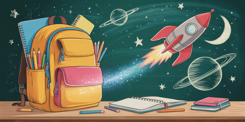 Vibrant yellow backpack with pink pocket, colored pencils, notebooks, and open books on wooden desk, with rocket and planets on chalkboard background, inspiring creativity