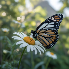 Fototapeta premium Elegant Monarch Butterfly Resting on a Daisy Flower in a Sunlit Garden