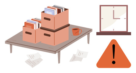 Workplace desk with organized file boxes, scattered documents, coffee mug, wall clock, and warning triangle. Ideal for time management, deadlines, office tasks, organization productivity urgency