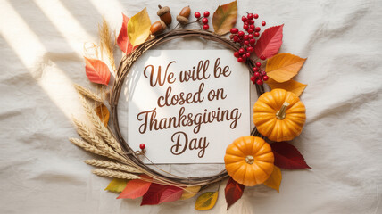 We will be closed on Thanksgiving Day sign surrounded by autumn leaves, pumpkins, berries, acorns, and wheat, creating festive and warm seasonal greeting card