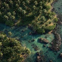 Obraz premium High-angle view of a tropical cove. Lush greenery, palm trees, and turquoise water meet at a secluded bay