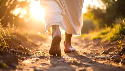 Barefoot figure walking a dusty path in golden sunlight