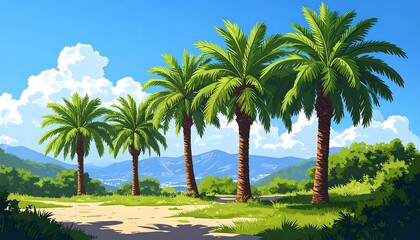 Fototapeta premium A vibrant landscape scene showcases lush palm trees, a dirt path, and rolling hills under a bright blue sky.