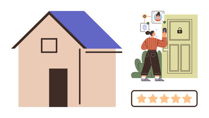 User operating smart lock with phone outside home, featuring house exterior, secure door, 5-star rating. Ideal for technology, security, convenience, home automation, innovation safety