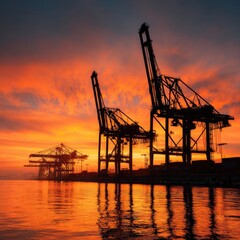 Fototapeta premium Silhouette of cargo cranes at sunrise over a harbor