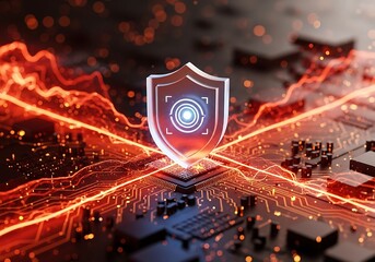 Shield With A Target Icon Protects A Cpu As Digital Energy Flows On A Circuit Board, Firewall, Threat Detection, Cyber Attack Defense