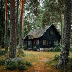A dark, charming cabin nestled within a dense forest.  The cabin, painted black, sits amidst tall pine trees, creating a secluded and tranquil atmosphere. 