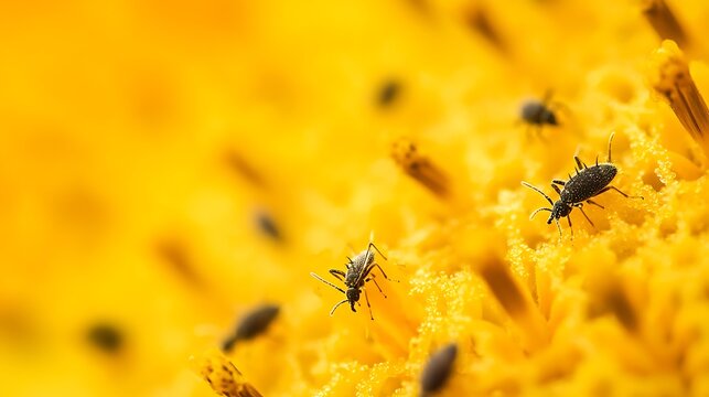 Tiny thrips insects on a vibrant yellow sunflower surface macro shot