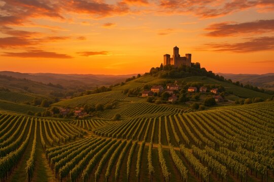 Panoramic vineyard landscape at golden sunset with a medieval stone castle on a hill, surrounded by rolling vineyards, small villages, and farmhouses under a colorful evening sky.
