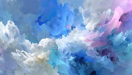 Abstract cloudscape, painted in soft pastel colors, with a mix of blues, pinks, and whites
