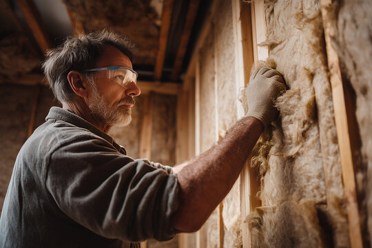 Experienced contractor securing fiberglass insulation within home interior wall using precision hand placement technique