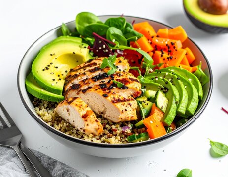 Grilled chicken and avocado power bowl with quinoa, spinach, and sweet potato, served on a white background, perfect for a healthy meal.