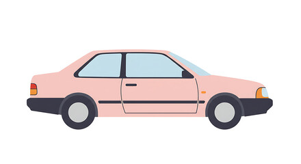 Fototapeta premium A vintage peach colored sedan with tinted windows and dark colored wheels is pictured from a side profile against a white background 