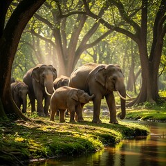 Fototapeta premium Elephant Family in Lush Forest Scene.