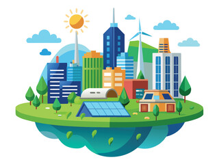 Vibrant futuristic eco-city floating island with sustainable technologies and green spaces