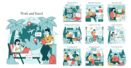Remote Work and Travel Vector Illustration Set