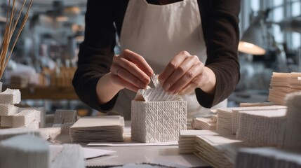 Closeup medium shot of hands applying textured materials onto a packaging prototype highlighting intricate design work with a blurred retail workspace behind.