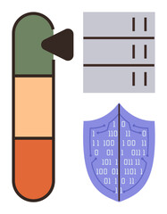 Speed meter with green-orange gradient, server stack, digital shield with binary code. Ideal for data security, risk management, system protection, IT performance, network safety, digital