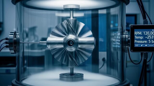 Cryogenic hydrogen turbine blade spintest simulation inside a sealed chamber to replicate extreme operational conditions.