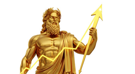 Obraz premium Golden zeus statue holding a golden arrow pointing upwards with a yellow line graph overlaying it