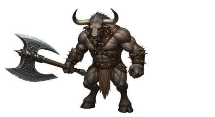 Fototapeta premium Illustration of a minotaur holding a large axe with a white background and a menacing expression